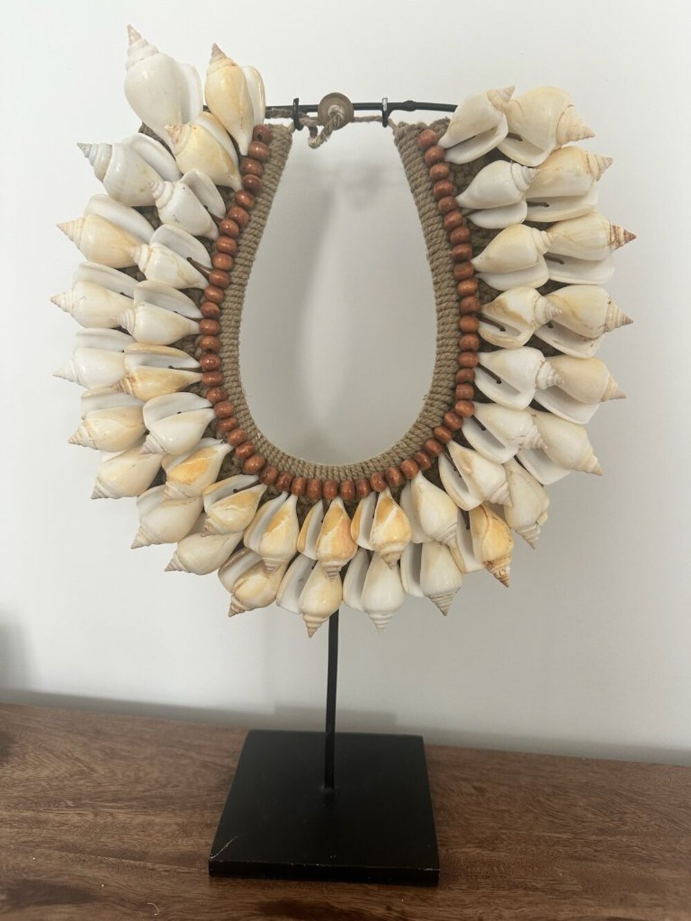 Handmade Tribal Shell Necklace Sculpture on Stand | Boho Coastal Decor